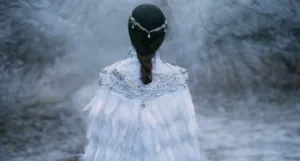 someone wearing a cloak of feathers walking in a forest