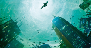 partial cover of Floodworld showing a figure swimming above a flooded city