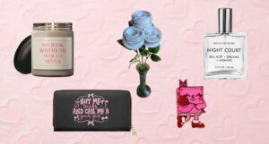 collage of gifts for readers, including a candle, a bouquet made of book pages, and a bottle of perfume