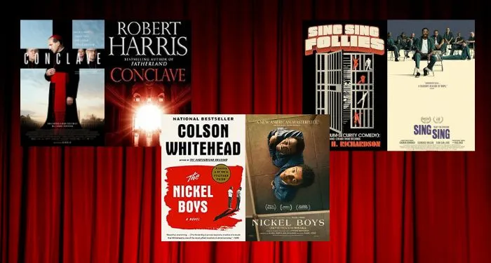 three movie poster-book cover pairings of 2025 Oscar-nominated adaptatoins of mysteries and thrillers