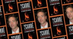 collage of repeating images of Matthew Macfayden and the cover of John Le Carre's Legacy of Spies